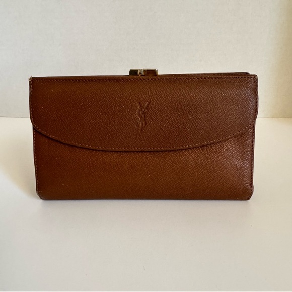 Vintage Yves Saint Laurent Brown Flap Kiss Lock Wallet